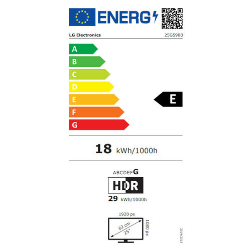 Étiquette d'efficacité énergétique pour un écran LG, classé en catégorie E avec une consommation de 18 kWh/1000h. L'écran affiche une résolution de 1920 px et une taille de 25 pouces.