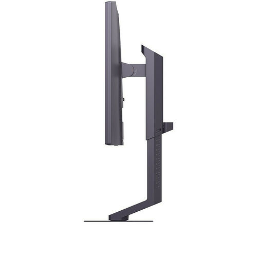 Écran d'ordinateur de profil, montrant un design fin et un pied de support noir minimaliste.
