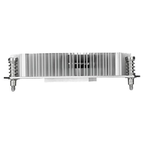Dissipateur thermique en métal argenté avec ailettes verticales pour le refroidissement de composants informatiques.