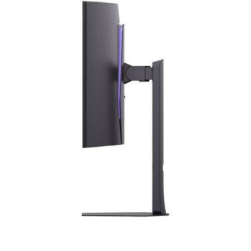 Écran d'ordinateur noir avec un support vertical et une bande lumineuse LED violette à l'arrière.