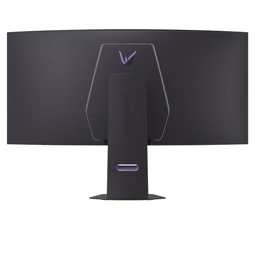 Écran incurvé de marque ASUS avec un pied de support noir et un logo violet lumineux à l'arrière.