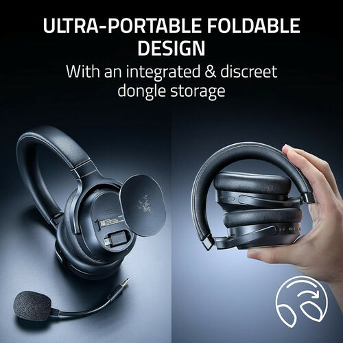 Casque audio noir pliable avec un emplacement de rangement discret pour le dongle USB, présenté ouvert et replié.