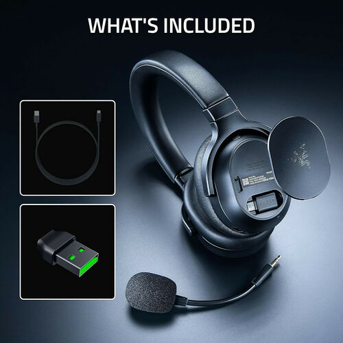 Ce casque Razer noir est accompagné d'un câble USB, d'un dongle USB sans fil et d'un microphone amovible.