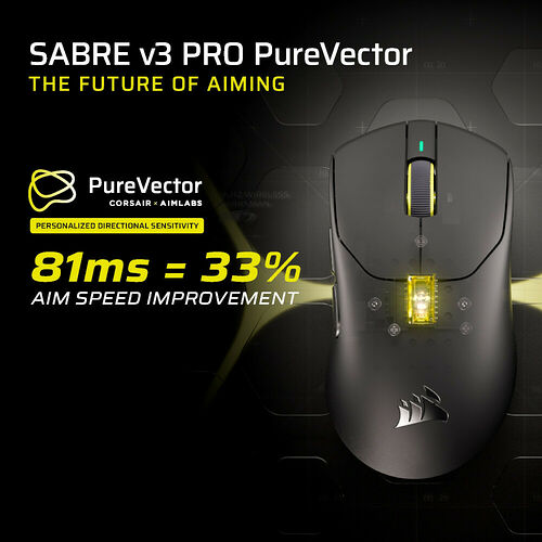 Une souris gaming Corsair Sabre v3 Pro PureVector noire avec un éclairage jaune, illustrant une amélioration de la vitesse de visée de 33 %.