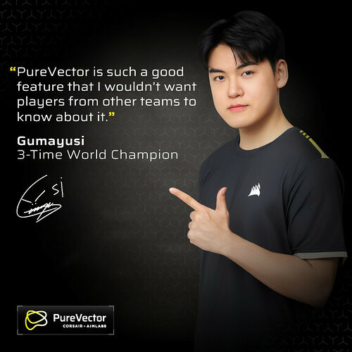 Portrait de Gumayusi, triple champion du monde, qui pointe du doigt une citation sur la fonctionnalité PureVector de Corsair et Aimlabs.