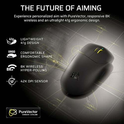 Souris gaming sans fil Corsair ultra-légère de 41g avec un design ergonomique, un capteur 42K DPI et une technologie de polling 8K.