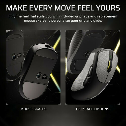 Présentation de deux options pour personnaliser une souris : des patins de remplacement et des bandes de grip texturées pour améliorer la prise en main et la glisse.