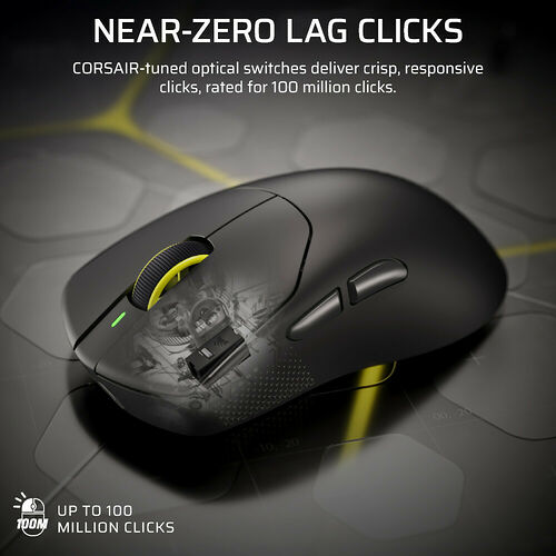 Souris gaming Corsair noire avec des touches optiques, affichant un design ergonomique et des accents jaunes.
