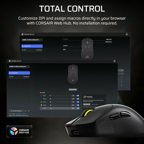 Interface du Corsair Web Hub affichant les réglages de personnalisation pour une souris Corsair, permettant de configurer les boutons et les niveaux de DPI directement dans le navigateur.