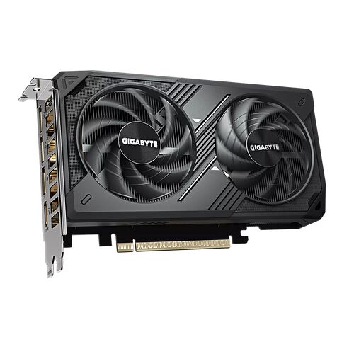 Carte graphique Gigabyte avec deux ventilateurs noirs et un dissipateur thermique gris foncé.