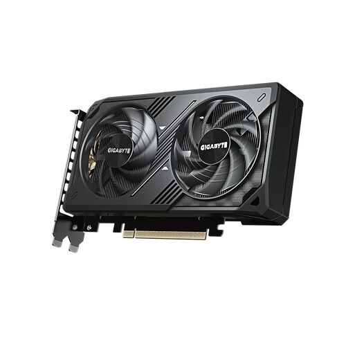 Carte graphique Gigabyte avec deux ventilateurs de refroidissement sur fond noir.
