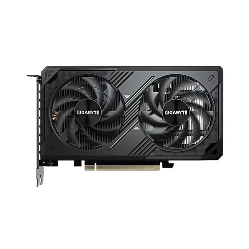 Carte graphique Gigabyte avec deux ventilateurs noirs et un design sobre sur fond noir.