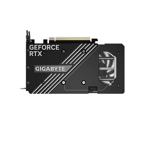 Carte graphique Gigabyte GeForce RTX noire avec un design sobre et des lignes diagonales grises.