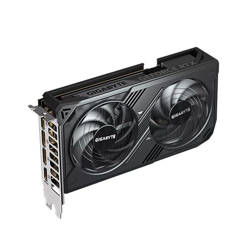 Carte graphique Gigabyte GeForce RTX avec deux ventilateurs de refroidissement sur fond noir.