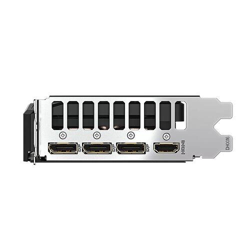 L'arrière d'une carte graphique avec quatre ports de sortie vidéo, dont trois ports DisplayPort et un port HDMI.