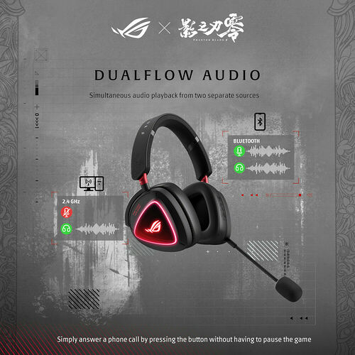 Casque gaming ASUS ROG noir avec micro déporté, illustrant la technologie Dualflow Audio permettant une lecture simultanée via Bluetooth et une connexion sans fil 2,4 GHz.