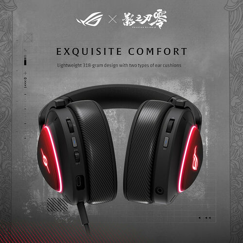 Casque gaming ASUS ROG avec un design noir et des liserés lumineux rouges sur les écouteurs. Le casque dispose de coussinets confortables et de commandes intégrées sur l'écouteur.