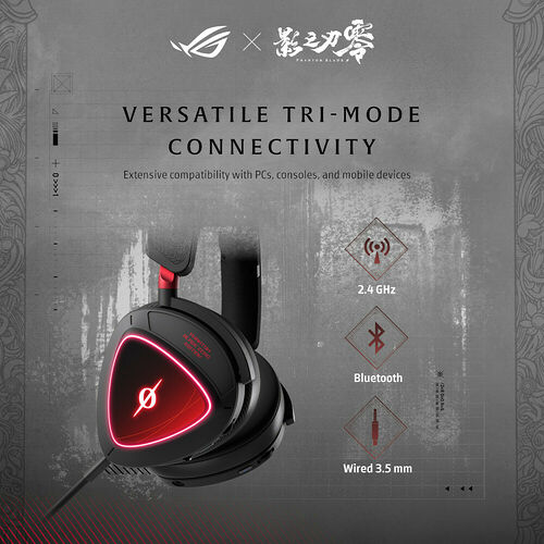 Casque gaming ASUS ROG avec une connectivité tri-mode : sans fil 2,4 GHz, Bluetooth et via câble jack 3,5 mm. Le casque est noir avec des accents rouges lumineux.
