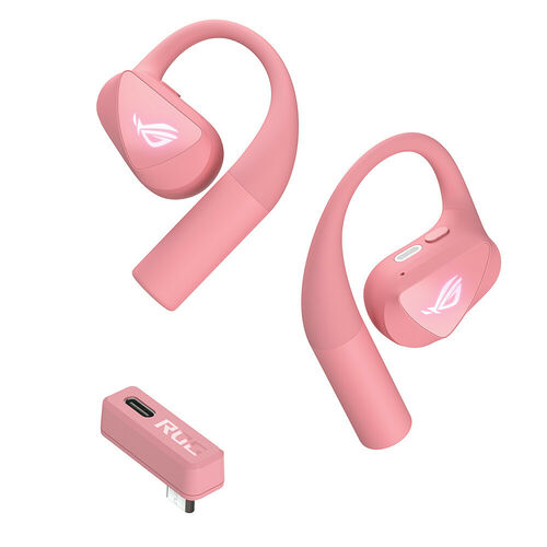 Écouteurs sans fil ROG de couleur rose avec leur boîtier de charge assorti.