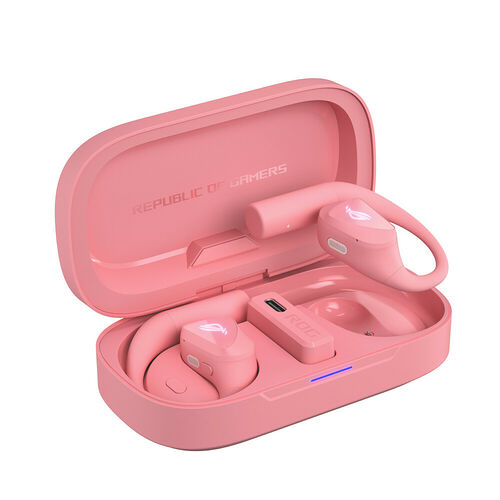 Écouteurs sans fil Republic of Gamers de couleur rose, présentés dans leur boîtier de charge assorti.