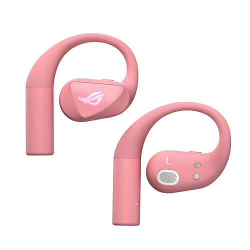 Écouteurs sans fil ROG de couleur rose avec des embouts ergonomiques et un design incurvé pour une tenue stable.