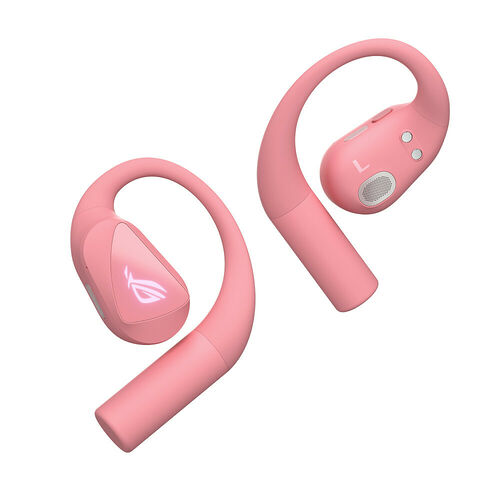 Écouteurs sans fil de couleur rose avec un design de type contour d'oreille, arborant le logo ROG.