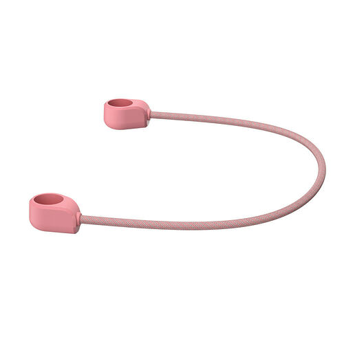 Écouteurs sans fil de couleur rose avec un arceau flexible et un revêtement en tissu.