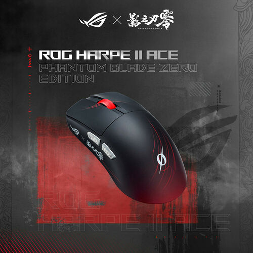 Souris gaming ASUS ROG Harpe II Ace en édition spéciale Phantom Blade Zero, de couleur noire avec des détails rouges et des motifs graphiques.