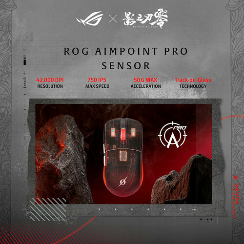 Souris gaming ROG Aimpoint Pro avec capteur haute précision, affichant une résolution de 42 000 DPI et une technologie de suivi sur verre.