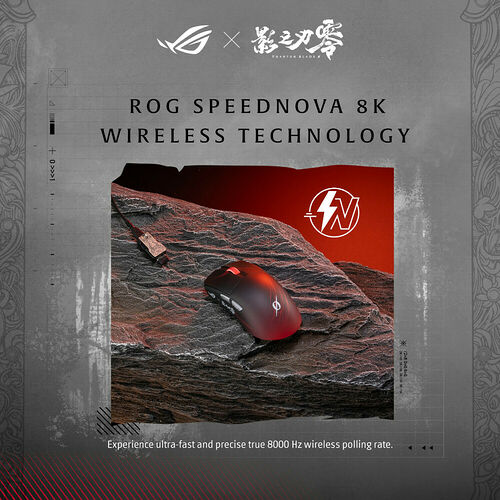 Souris sans fil ROG Speednova avec un design ergonomique rouge et noir, présentée sur une surface rocheuse avec son câble de charge.