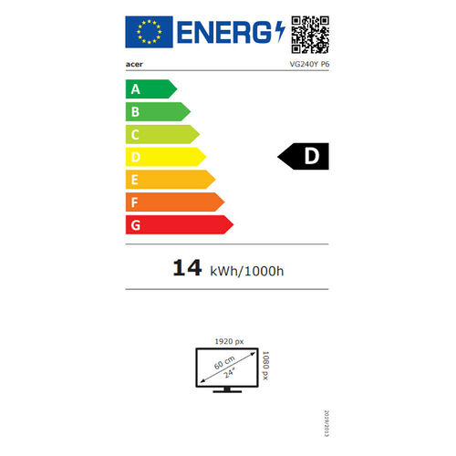 Écran Acer classé en catégorie énergétique D, avec une consommation de 14 kWh/1000h. L'écran possède une diagonale de 24 pouces et une résolution de 1080p.