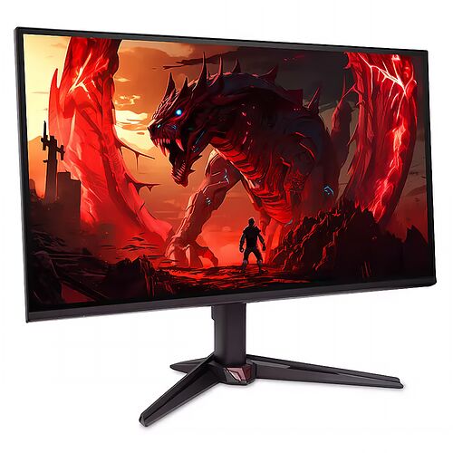 Écran PC gamer incurvé affichant une illustration fantastique d'un dragon rouge imposant face à un personnage. L'écran est monté sur un pied noir robuste.