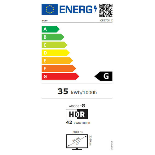 Étiquette d'efficacité énergétique pour un écran Acer, classé en catégorie G avec une consommation de 35 kWh/1000h. L'écran affiche une résolution de 3840 x 2160 px pour une diagonale de 27 pouces.