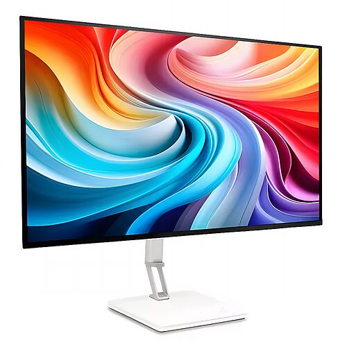 Écran d'ordinateur avec un fond d'écran abstrait aux couleurs vives et un pied blanc.