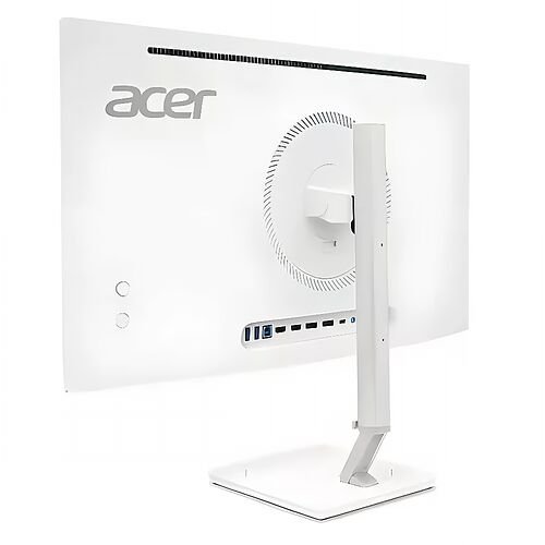 Écran Acer blanc avec pied réglable et ports de connexion à l'arrière.
