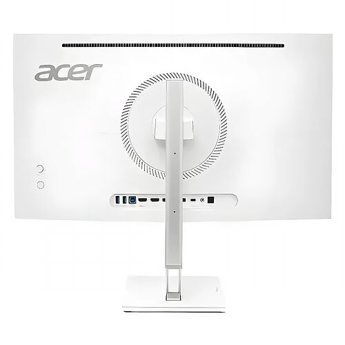 Écran Acer blanc avec pied réglable, montrant les connectiques à l'arrière.