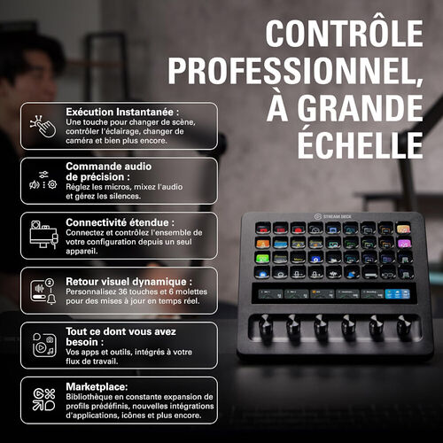 Publicité pour le Stream Deck de Elgato, un contrôleur avec 15 touches LCD personnalisables et 6 molettes rotatives pour la gestion audio et le contrôle de flux de travail.