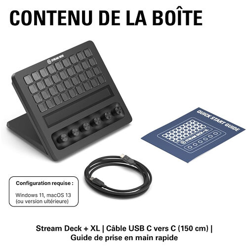Contenu de la boîte comprenant un Elgato Stream Deck + XL, un câble USB-C vers USB-C de 150 cm et un guide de prise en main rapide.