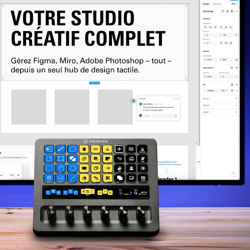 Un contrôleur Elgato Stream Deck avec de nombreux touches programmables, présenté devant un écran affichant des logiciels de design comme Figma et Photoshop.