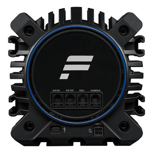 Un boîtier de contrôle noir avec des ports de connexion pour shifter, pédale et frein à main, entouré d'une bordure lumineuse bleue.