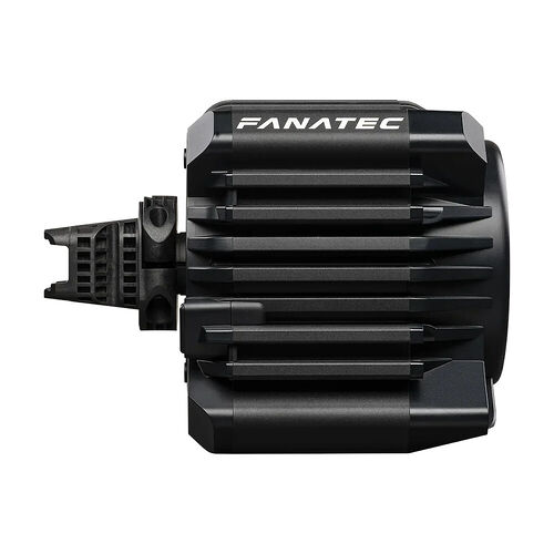 Base de volant Fanatec noire avec un design robuste et des ailettes de refroidissement.