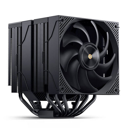 Ventirad de processeur noir avec un large dissipateur thermique à ailettes et un ventilateur central.