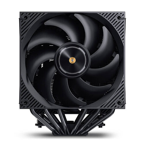 Ventilateur de refroidissement CPU noir avec un dissipateur thermique à ailettes et des caloducs visibles en dessous.
