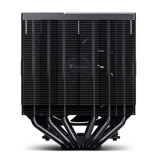 Ventirad de processeur noir avec un large dissipateur thermique à ailettes et plusieurs caloducs noirs visibles à la base.