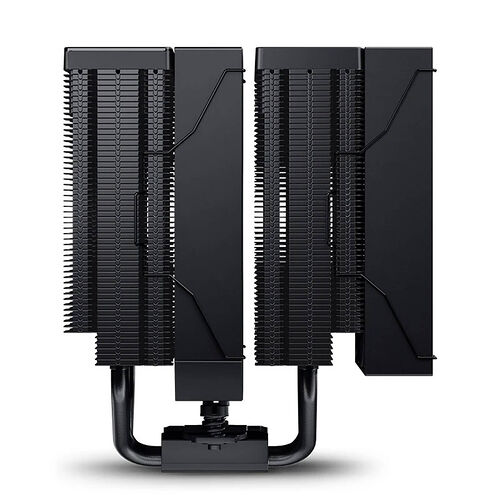 Dissipateur thermique noir pour composants informatiques, composé de deux blocs de radiateurs à ailettes reliés par une base commune.