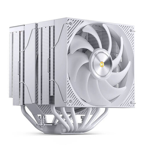 Ventirad blanc avec un large dissipateur thermique en aluminium et un ventilateur blanc central pour le refroidissement du processeur.