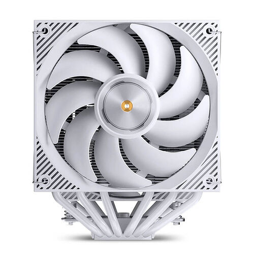 Ventilateur de refroidisseur CPU blanc avec des ailettes de dissipation thermique et des caloducs visibles en dessous.