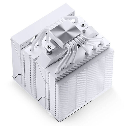 Ventirad blanc pour processeur avec dissipateur thermique à ailettes et caloducs apparents.