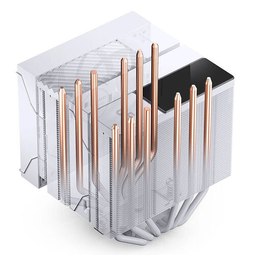 Refroidisseur CPU blanc avec plusieurs caloducs en cuivre apparents et un dissipateur thermique à ailettes.