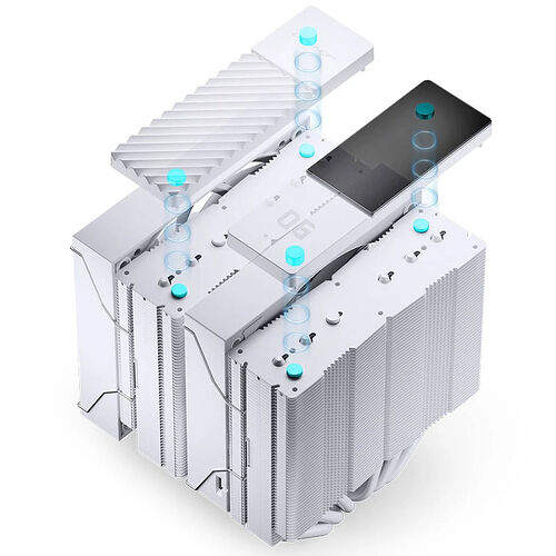 Ventirad blanc pour processeur avec dissipateur thermique à ailettes et tubes de refroidissement apparents.
